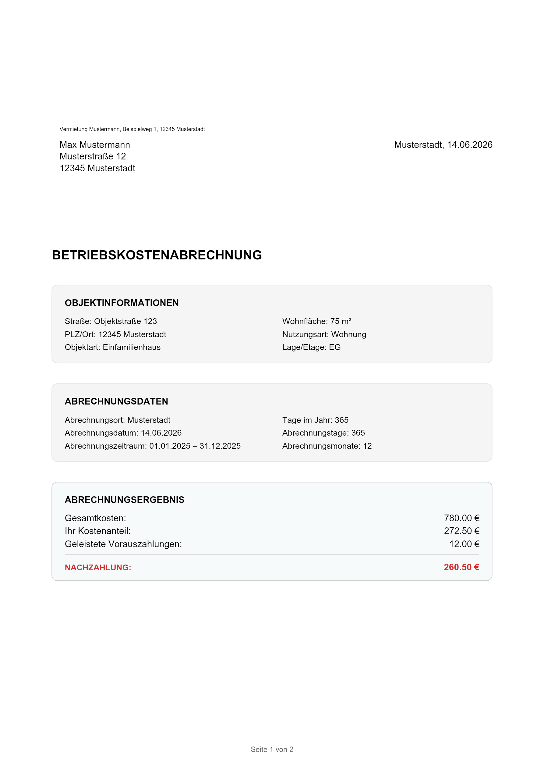Vorschau einer fertigen Nebenkostenabrechnung als PDF